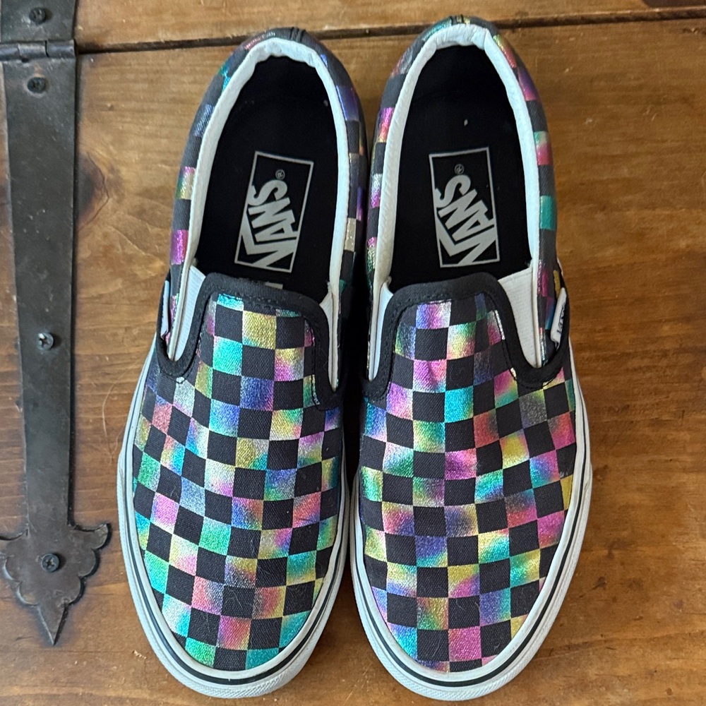 Vans Kids Slip-On Checkerboard Sneakers in Black with Iridescent Multi Colors